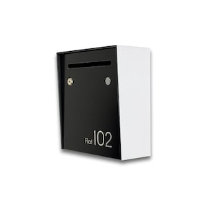 Modern Wall Mounted Mailbox – Black & White, Personalized House Number - Small Minimalist Apartment Postbox