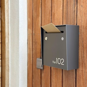 Small Wall Mount Minimalist Apartment Mailbox - Metallic Gray Aluminium - Modern Design for Home and Office with Engraved Personalization