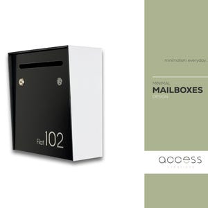 Small Minimalist Apartment Mailbox - White Body/Black Door - Personalized Wall Mounted Letterbox - Modern Design Postbox - House Number