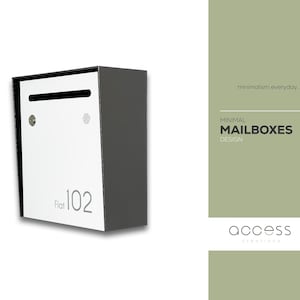 Small Minimalist Apartment Mailbox - Metallic Gray Body/White Door - Personalized Wall Mounted Letterbox Modern Design Postbox House Number