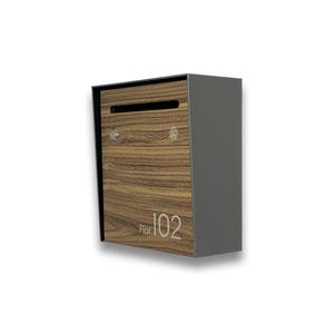 Small Minimalist Apartment Mailbox - Metallic Gray Body/Walnut Door - Personalized Wall Mounted Letterbox