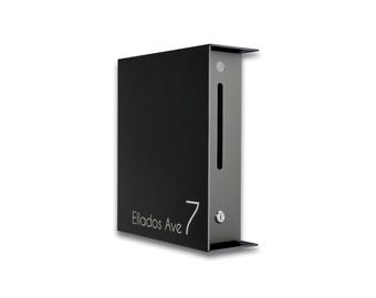Minimalist Aluminium Mailbox - Black Body and Metallic Gray Door - Letterbox with Engraved House Numbers