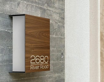 Minimalist Wall Mount Mailbox - Aluminium Walnut Body/White Door - Personalized Letterbox - Modern Vertical Postbox