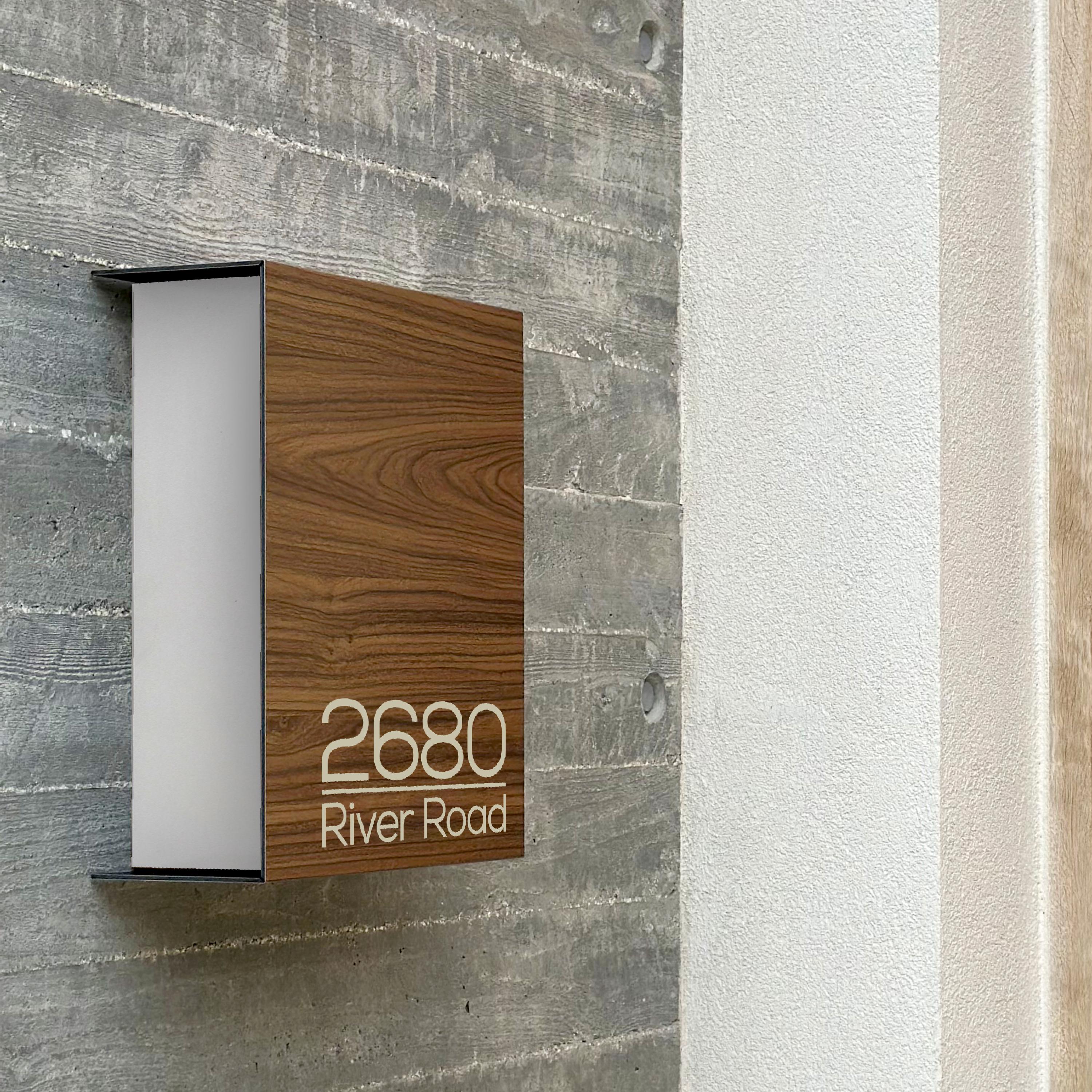 Minimalist Wall Mount Mailbox - Aluminium Walnut Body/White Door - Personalized Letterbox - Modern Vertical Postbox