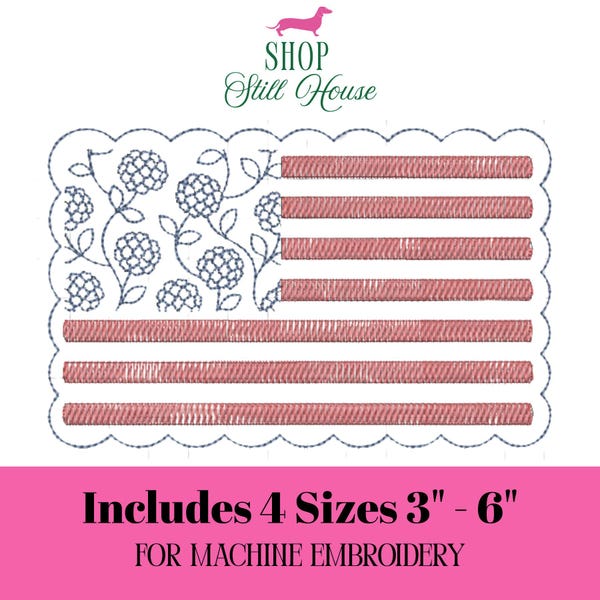 Hydrangea Scalloped American Flag Embroidery Design, Instant Download