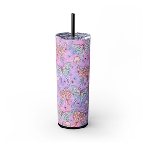 Luna Moth Mushroom Halloween Spooky Season Pastel Witchy Vibes Vaso delgado con purpurina y pajita, 20 oz
