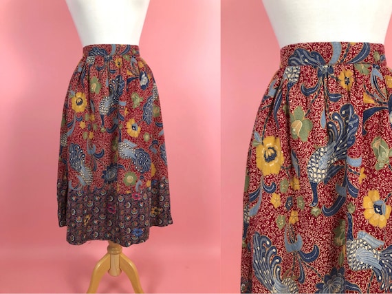 Vintage 1970s Foxy Lady Burgundy Peacock Skirt 24