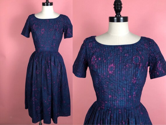 Vintage 1950's L'Aiglon Navy Pink Purple Dress S