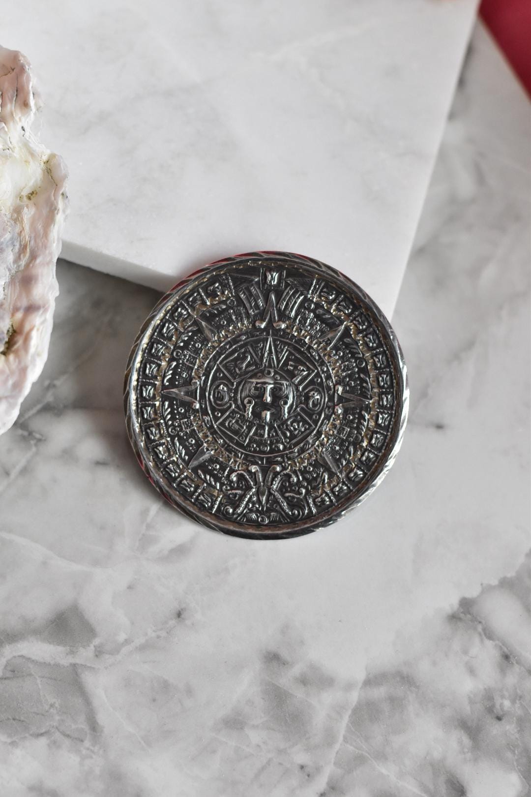 Vintage Sterling Silver 925 Mayan Calendar Coin Broach Pendant