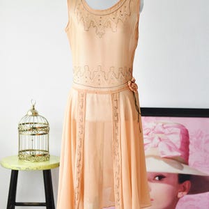 Vestido midi clásico estilo flapper, de seda transparente, color naranja pastel, con cuentas y cintura baja, estilo años 20, talla S y M