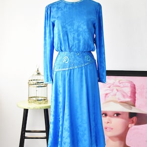 AJ Bari vintage 80s blue silk long sleeve beaded formal party dress size M