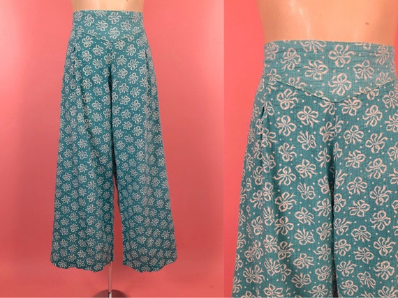 Vintage 30's 40's Aqua Cotton Wide Leg Lounge Pant
