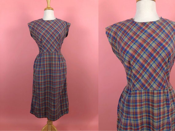 Vintage 50's 60's Wildman Blue Plaid Cotton Dress