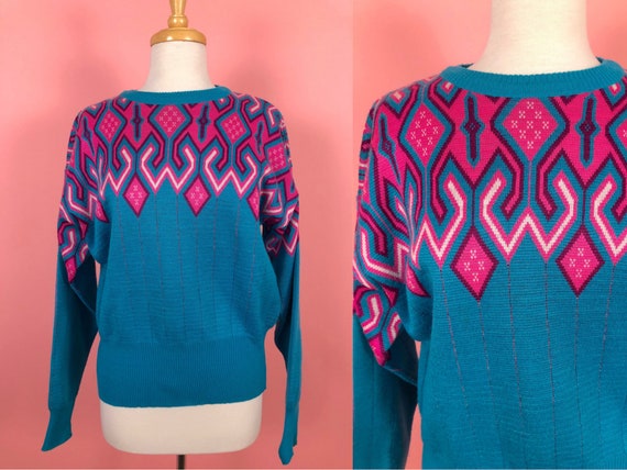 Vintage 1980's Meister Sweater Aqua Neon Pink L