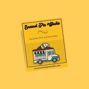 May include: Enamel pin depicting a green and yellow ice cream van with a brown roof and a white ice cream cone on top. The pin is set against a yellow background with the text "Enamel Pin Studio" and "Enamel Pin Collections" in black. The website address "www.enamelpinstudio.com" is also printed on the background.