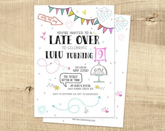 Late over birthday party invitation, slumber party invitation, teen birthday party invitation, doodles girl birthday party, PRINTABLE card