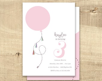 Balloon Birthday Invitation Girl, Children's birthday invitation, 1st first birthday invitation colorful modern printable digital