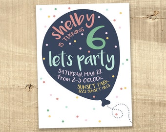 Balloon Birthday Invitation Girl Boy, Children's birthday invitation, 1st first birthday invitation colorful modern printable digital