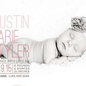 May include: Black and white photo of a newborn baby girl named Austin Marie Tyler, born on 03.09.15, weighing 6 pounds 5 ounces and measuring 21 inches. The baby is wearing a white headband with a flower on top and is sleeping on a white blanket.
