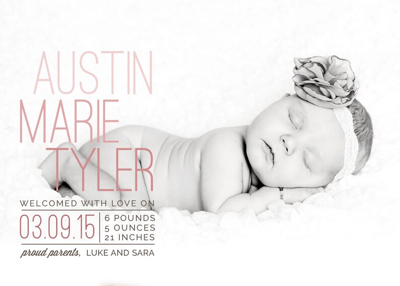 May include: Black and white photo of a newborn baby girl named Austin Marie Tyler, born on 03.09.15, weighing 6 pounds 5 ounces and measuring 21 inches. The baby is wearing a white headband with a flower on top and is sleeping on a white blanket.