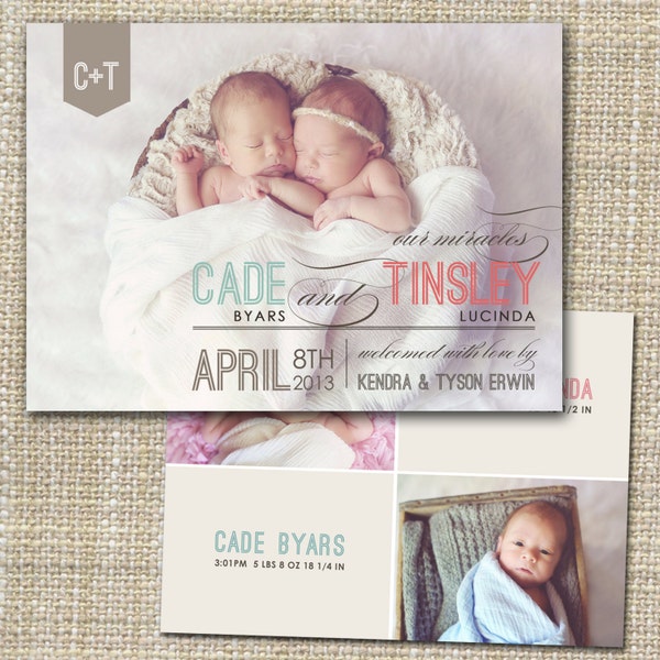 Twins Birth announcement photo card, photo birth announcement, birth announcement, girl, boy, newborn baby announcement, modern, PRINTABLE