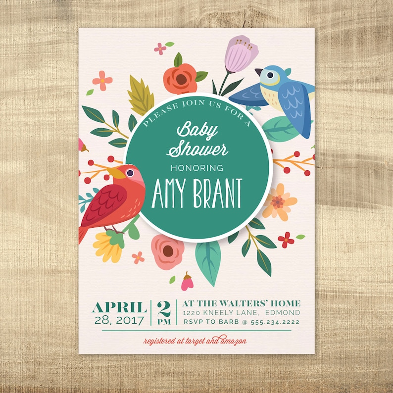 BABY SHOWER INVITATION Floral birds spring Baby Girl Printable party invite colorful couples shower digital download