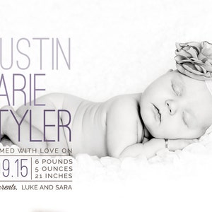 May include: Black and white photo of a newborn baby girl sleeping. The baby is wearing a white headband with a flower on top. The baby's name is Austin Marie Tyler, and the photo includes the date of birth, weight, and length. The text reads "Welcomed with love on 03.09.15 6 pounds 5 ounces 21 inches proud parents, Luke and Sara."