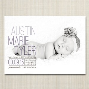 May include: Black and white photo of a newborn baby girl named Austin Marie Tyler, born on 03.09.15, weighing 6 pounds and 5 ounces, and measuring 21 inches long.