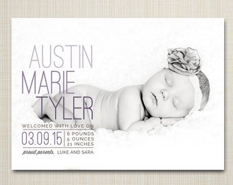 Birth announcement photo card, photo birth announcement, birth announcement, girl, boy, newborn baby announcement, modern, PRINTABLE card