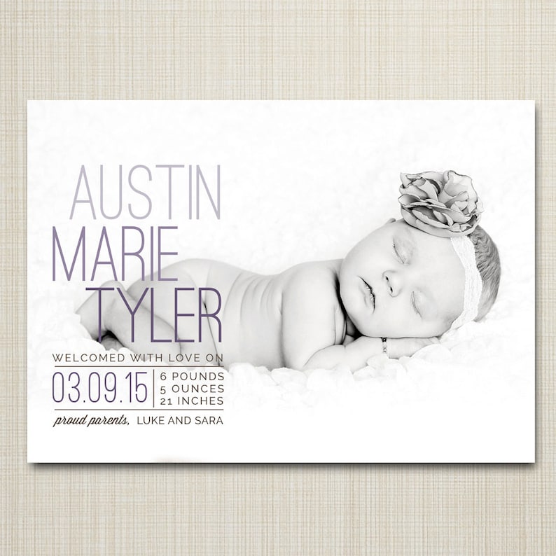 May include: Black and white photo of a newborn baby girl named Austin Marie Tyler, born on 03.09.15, weighing 6 pounds and 5 ounces, and measuring 21 inches long.