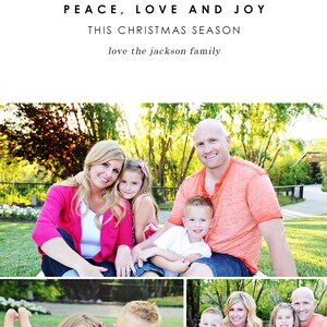 May include: A family of five pose for a Christmas card. The parents are sitting on the ground with their three children. The parents are wearing pink and orange shirts. The children are wearing white and striped shirts. The family are smiling and looking at the camera. The text "Wishing you peace, love and joy this Christmas season love the Jackson family" is written at the top of the card.