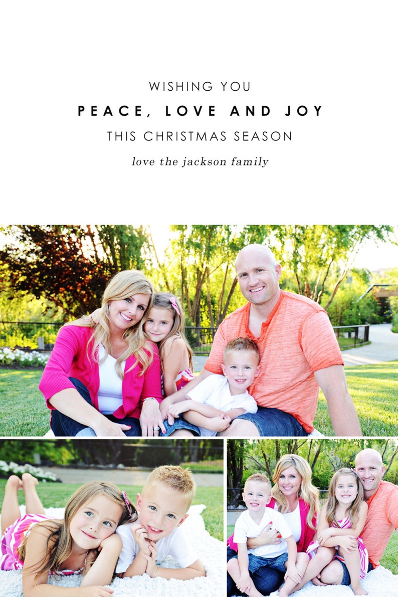 May include: A family of five pose for a Christmas card. The parents are sitting on the ground with their three children. The parents are wearing pink and orange shirts. The children are wearing white and striped shirts. The family are smiling and looking at the camera. The text "Wishing you peace, love and joy this Christmas season love the Jackson family" is written at the top of the card.