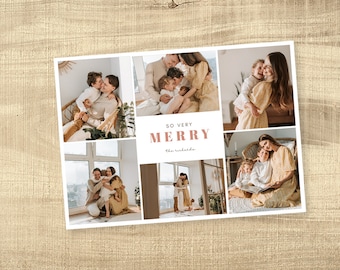 Puede incluir: Una tarjeta navideña con un collage de fotos familiares. La tarjeta tiene las palabras "SO VERY MERRY" en una fuente serif, con el apellido familiar debajo. Las fotos muestran a una familia abrazándose y sonriendo, con una paleta de colores cálidos y neutros.