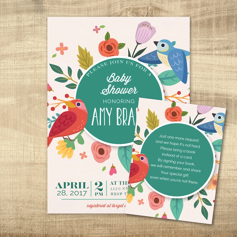 BABY SHOWER INVITATION Floral birds spring Baby Girl Printable party invite colorful couples shower digital download