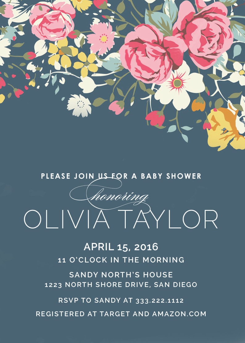 Vintage Floral Baby Shower Invitation, Navy blue shower invitation, Baby Shower Invitations, Modern Floral Shower invitation, Garden shower image 3
