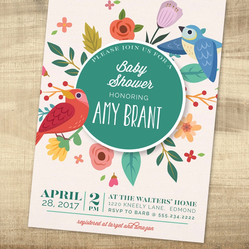 BABY SHOWER INVITATION Floral birds spring Baby Girl Printable party invite colorful couples shower digital download