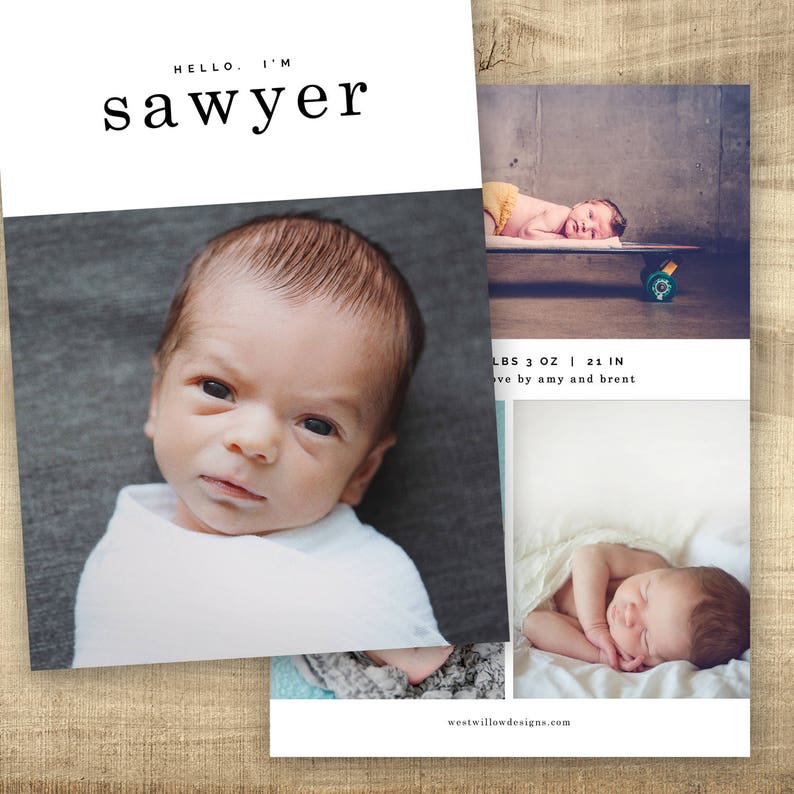 Baby Announcement Photo Card Simple Hello Baby Birth Etsy