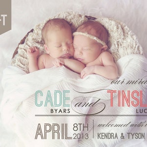 Twins Birth announcement photo card, photo birth announcement, birth announcement, girl, boy, newborn baby announcement, modern, PRINTABLE image 3