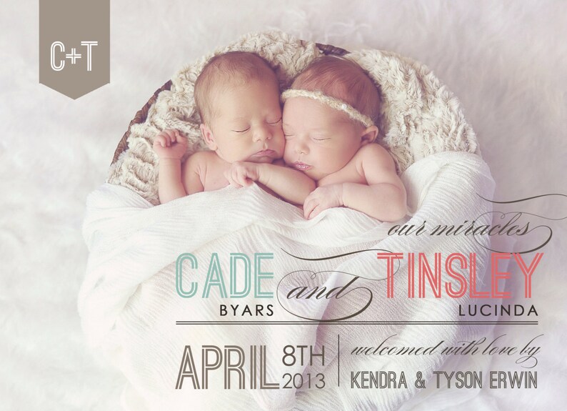 Twins Birth announcement photo card, photo birth announcement, birth announcement, girl, boy, newborn baby announcement, modern, PRINTABLE image 3