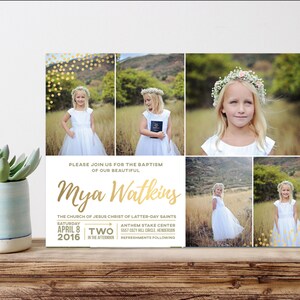 May include: A baptism invitation with a collage of photos of a young girl in a white dress and a flower crown. The invitation includes the text "Please join us for the baptism of our beautiful Mya Watkins" and details about the event.