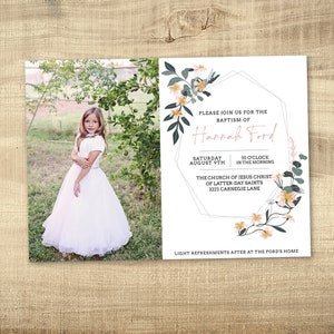 Plantilla de invitación de anuncio de bautismo SUD moderno / Tarjeta de bautismo imprimible / Diseño floral / Editable / Descarga instantánea / Hannah