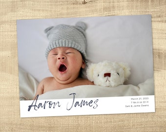 Birth Announcement Template | Printable Photo Birth Announcement Card | Minimalist | Modern | Editable |  Instant Download | Aaron