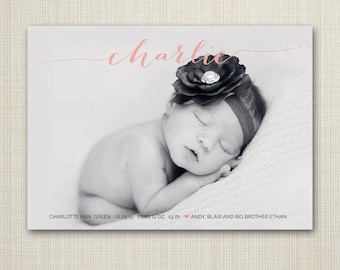 Birth announcement photo card, photo birth announcement, birth announcement, girl, boy, newborn baby announcement, modern, PRINTABLE card