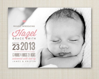 Birth announcement photo card, photo birth announcement, birth announcement, girl, boy, newborn baby announcement, modern, PRINTABLE card