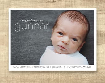 Birth announcement photo card, photo birth announcement, birth announcement, girl, boy, newborn baby announcement, modern, PRINTABLE Gunnar