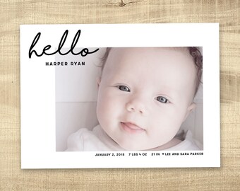 Birth announcement photo card, photo birth announcement, newborn baby announcement, girl, boy, birth announcement, modern, PRINTABLE Harper