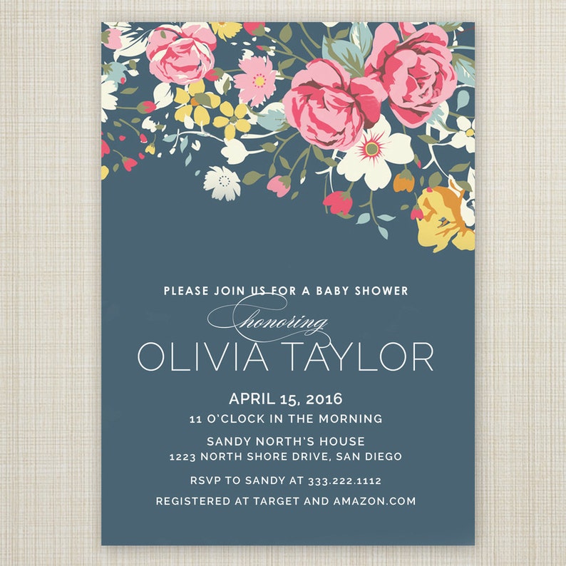 Vintage Floral Baby Shower Invitation, Navy blue shower invitation, Baby Shower Invitations, Modern Floral Shower invitation, Garden shower image 4