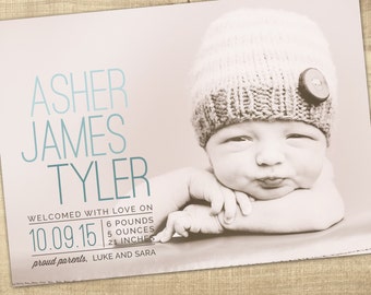 photo birth announcement, Baby announcement photo card, girl, boy, birth announcement, modern baby, digital card PRINTABLE Asher