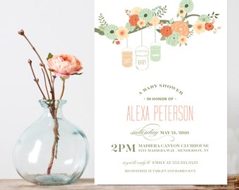 Mason Jar Baby Shower Invitation,  Baby makes three, mint blue shower invitation,  Baby Shower Invitations, Modern Floral Shower invitation