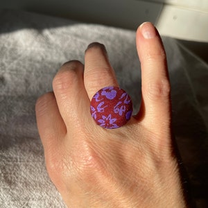 Purple floral repurposed necktie adjustable ring